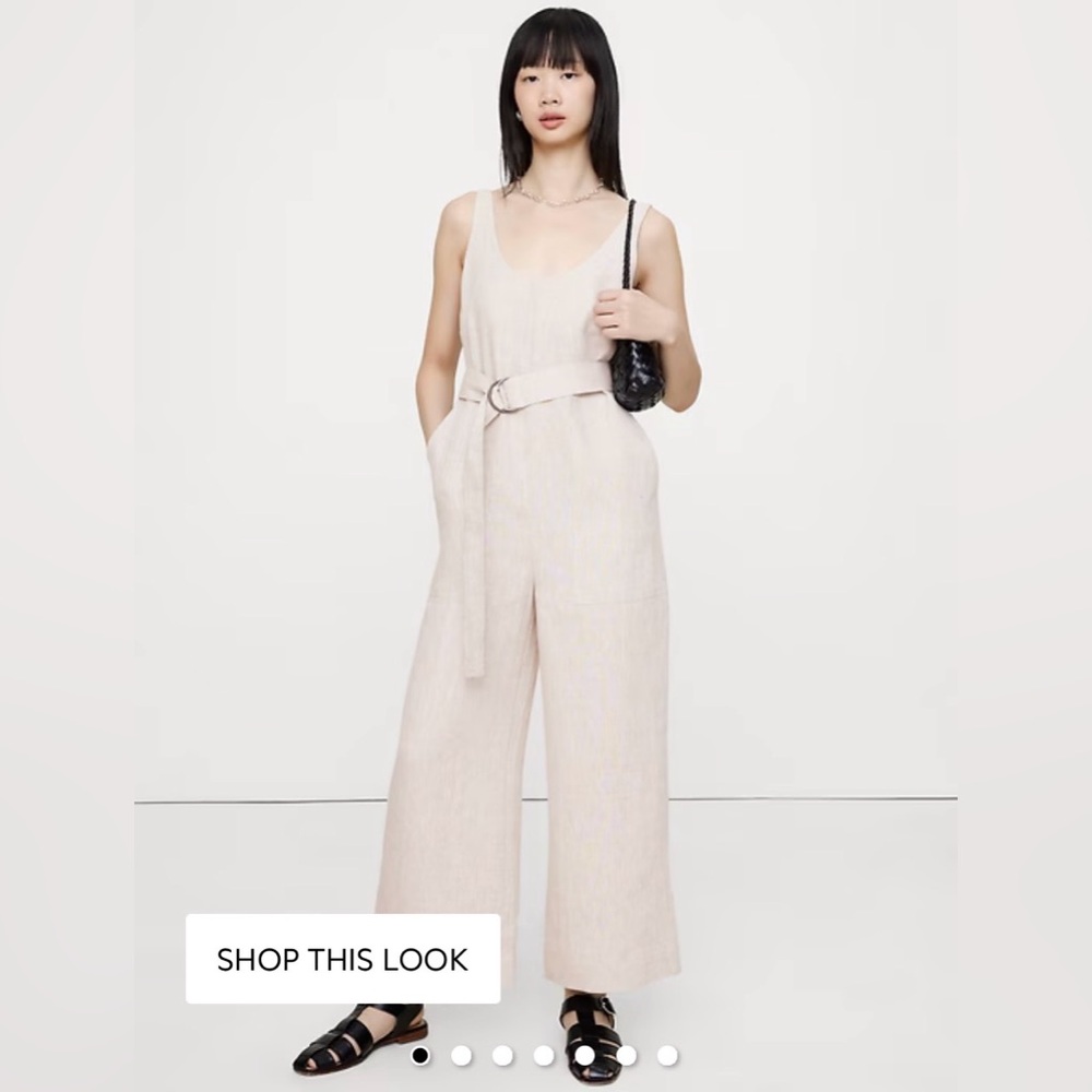 Banana Republic Beige Wide Leg Linen Scoop Neck Jumpsuit